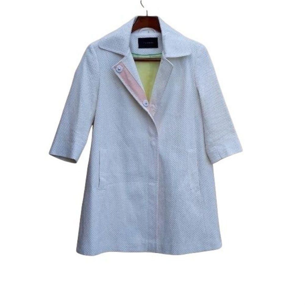 Tahari Trench Coat Womens S Cotton 3/4 Sleeve Retro Textured Swing Boxy White